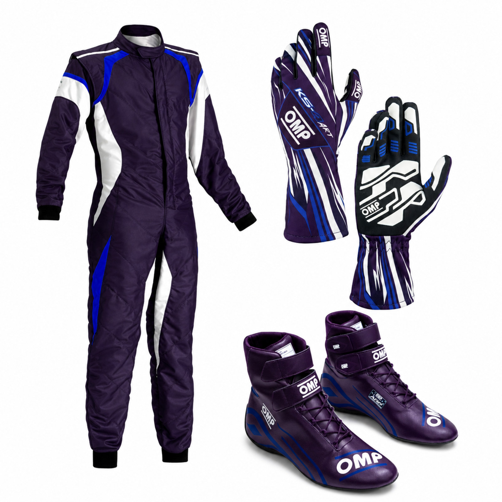 Custom purple and blue OMP go-kart racing kit including a Level 2 karting suit, professional racing shoes, and high-grip steering gloves.