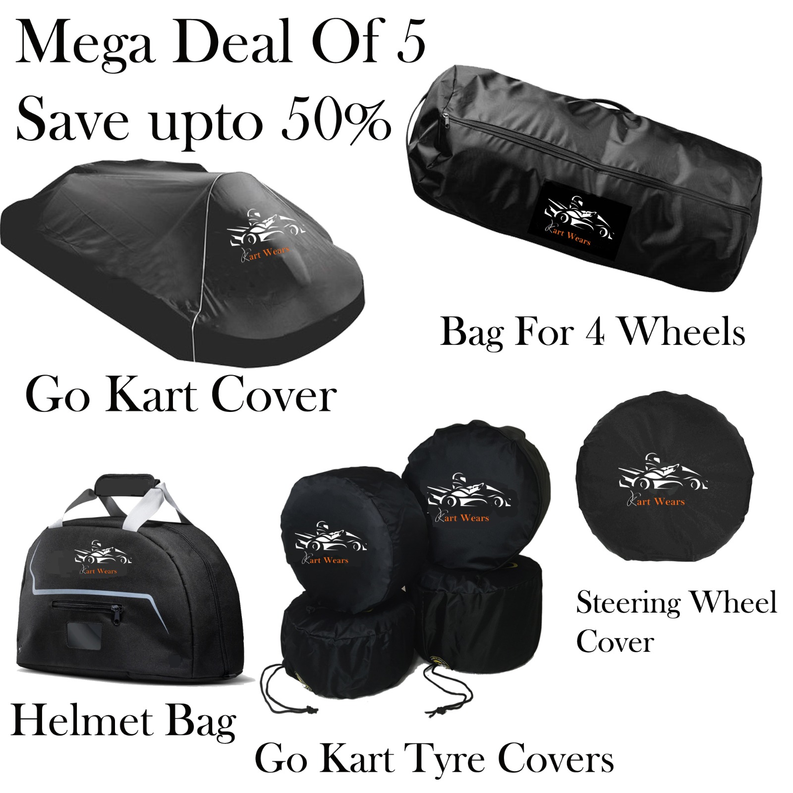Complete Go Kart accessory bundle including kart cover, helmet bag, tire bags, tire covers, and steering wheel cover.