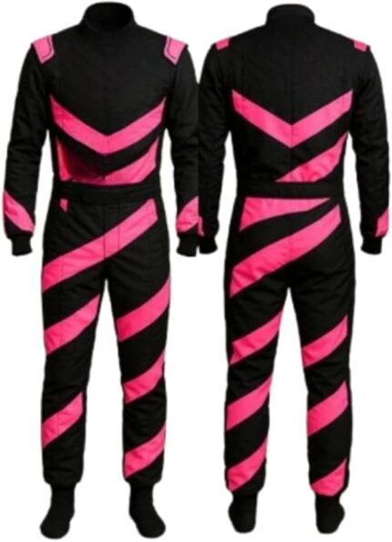 One-piece digital printed go-kart racing suit with vibrant colors and aerodynamic design.
