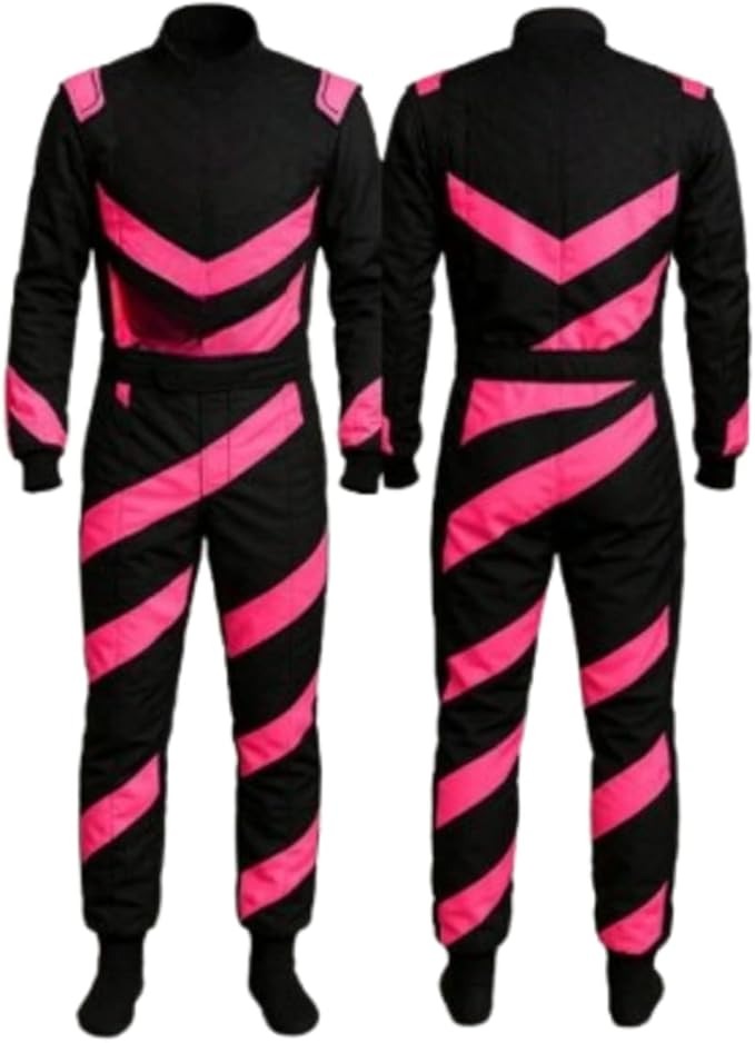 One-piece digital printed go-kart racing suit with vibrant colors and aerodynamic design.