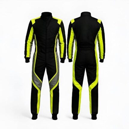 One-piece digital printed go-kart racing suit with vibrant colors and aerodynamic design.