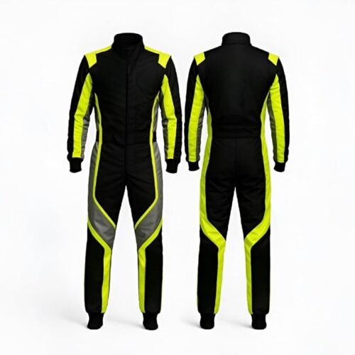 One-piece digital printed go-kart racing suit with vibrant colors and aerodynamic design.