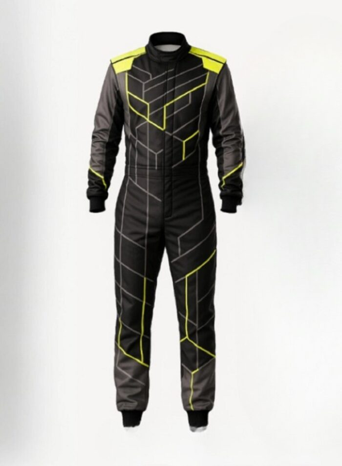 Digital printed one-piece go-kart racing suit featuring vibrant custom graphics and ergonomic design for professional karting.