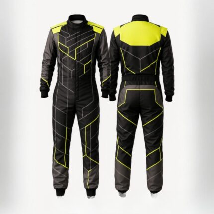 Digital printed one-piece go-kart racing suit featuring vibrant custom graphics and ergonomic design for professional karting.