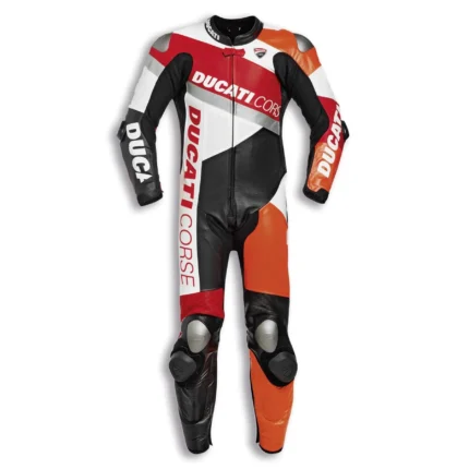 ducati corse power k2, dainese racing suit, aldo drudi design, asymmetric motorcycle leathers, red white orange black, track day performance suit