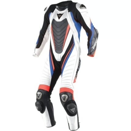 Dainese Aero Evo D1 One-Piece Leather Motorcycle Racing Suit - White / Black / Blue / Red Performance Track Leathers