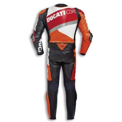 ducati corse power k2, dainese racing suit, aldo drudi design, asymmetric motorcycle leathers, red white orange black, track day performance suit