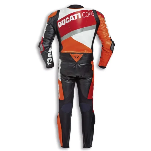 ducati corse power k2, dainese racing suit, aldo drudi design, asymmetric motorcycle leathers, red white orange black, track day performance suit
