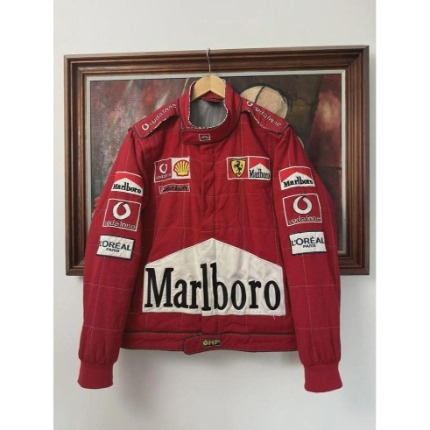 Vintage Ferrari Racing Jacket – Retro Cotton-Poly Softshell with Embroidered Motorsport Logos