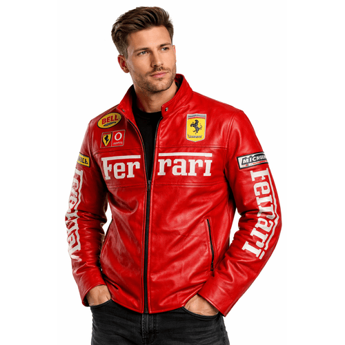 Ferrari Racing Leather Jacket Premium Motorsport Style Rider Outerwear with Bold Speed-Inspired Design
