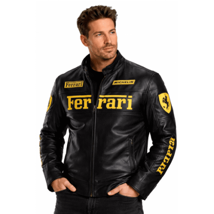 Ferrari Inspired Racing Leather Jacket for Men – Premium Moto Outerwear with Iconic Logos, Comfort Lining, and Durable Leather