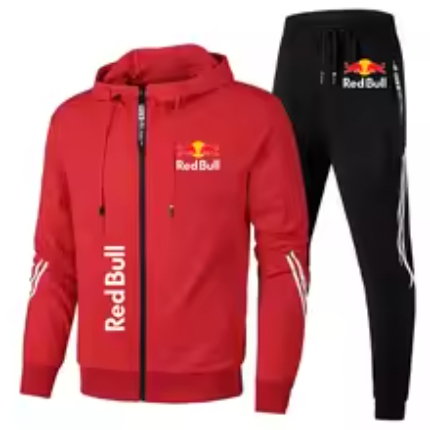 Red Bull Racing Two-Piece Tracksuit – Hoodie and Track Pants Set with Polyester Fleece & Motorsport Logos