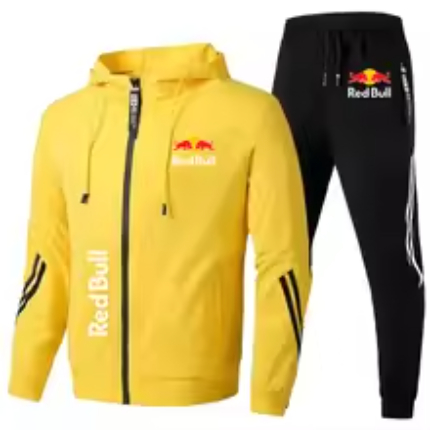 Red Bull Racing Two-Piece Tracksuit – Hoodie and Track Pants Set with Polyester Fleece & Motorsport Logos