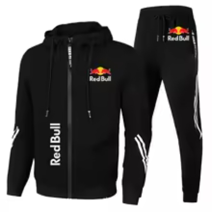 Red Bull Racing Two-Piece Tracksuit – Hoodie and Track Pants Set with Polyester Fleece & Motorsport Logos