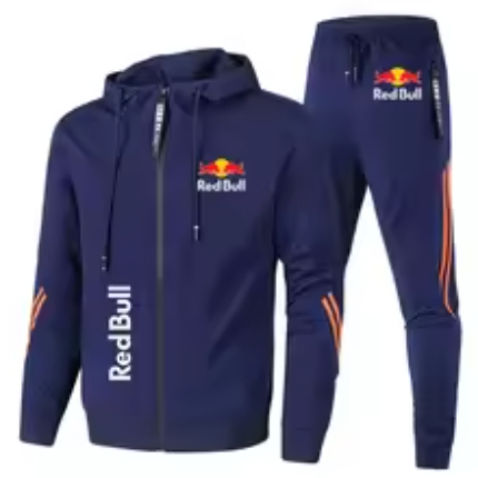 Red Bull Racing Two-Piece Tracksuit – Hoodie and Track Pants Set with Polyester Fleece & Motorsport Logos