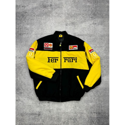 Ferrari Black Yellow Bomber Racing Jacket – Lightweight Cotton Blend with Embroidered Logos