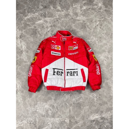 Ferrari Bomber Racing Jacket – Red Cotton Blend Fan Apparel with Embroidered Motorsport Logos