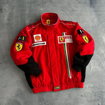 Ferrari Bomber Racing Jacket – Retro Red Motorsport Style with Embroidered Logos