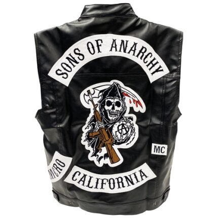 Sons of Anarchy Leather Vest – Genuine Cowhide Motorcycle Club Vest with Patches & Snap Zipper Closure