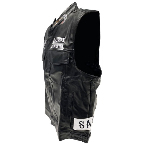 Sons of Anarchy Leather Vest – Genuine Cowhide Motorcycle Club Vest with Patches & Snap Zipper Closure Sons of Anarchy Leather Vest – Genuine Cowhide Motorcycle Club Vest with Patches & Snap Zipper Closure