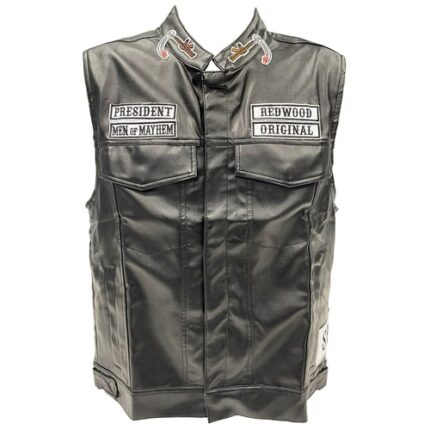 Sons of Anarchy Leather Vest – Genuine Cowhide Motorcycle Club Vest with Patches & Snap Zipper Closure