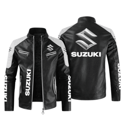 Men’s Suzuki Motorcycle Leather Jacket – Cowhide Biker Jacket with Stand Collar, Full Zip, Windproof Riding Gear