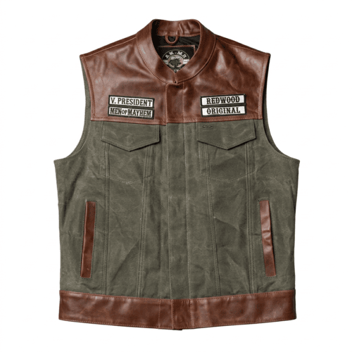 Two Tone Leather Biker Vest Brown Yoke Grey Canvas Motorcycle Cut