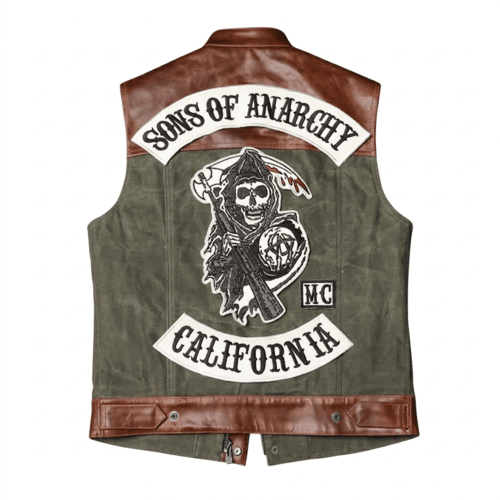 Two Tone Leather Biker Vest Brown Yoke Grey Canvas Motorcycle Cut