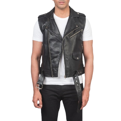 Men’s Black Leather Biker Vest Cowhide Asymmetrical YKK Zip Notch Collar Belted Street Style Motorcycle Vest