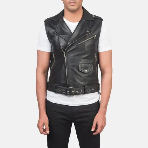 Men’s Black Leather Biker Vest Cowhide Asymmetrical YKK Zip Notch Collar Belted Street Style Motorcycle Vest