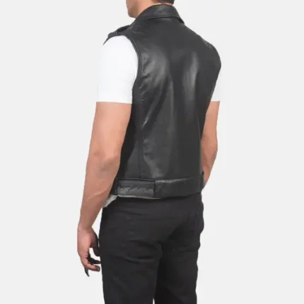 Men’s Black Leather Biker Vest Cowhide Asymmetrical YKK Zip Notch Collar Belted Street Style Motorcycle Vest
