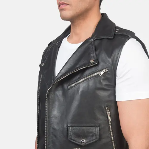 Men’s Black Leather Biker Vest Cowhide Asymmetrical YKK Zip Notch Collar Belted Street Style Motorcycle Vest