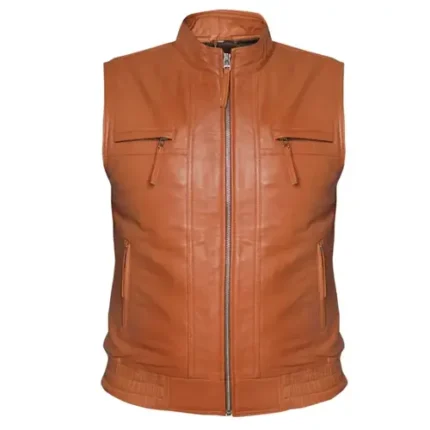 Men’s Leather Motorcycle Vest Cowhide Club Style Zip Pocket Vest