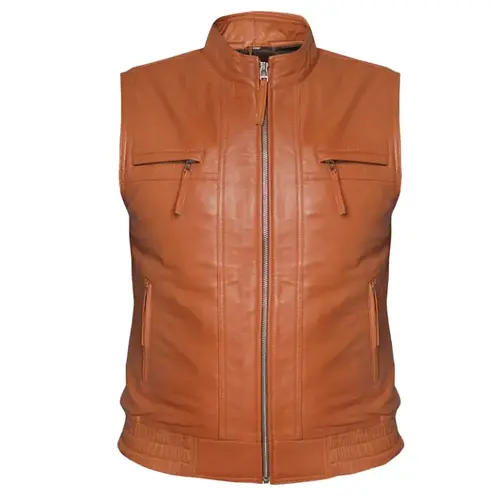 Men’s Leather Motorcycle Vest Cowhide Club Style Zip Pocket Vest