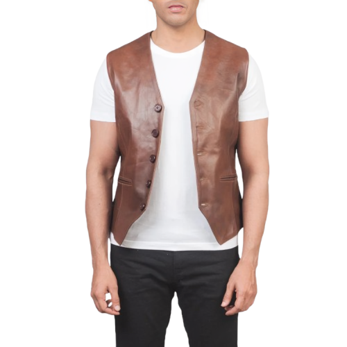 Men’s Brown Leather Vest Cowhide Western Waistcoat with Adjustable Fit