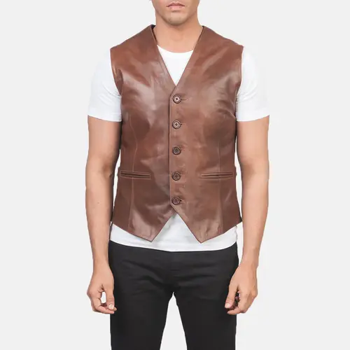 Men’s Brown Leather Vest Cowhide Western Waistcoat with Adjustable Fit