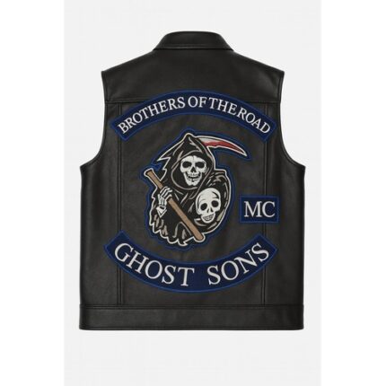 Matte Black Leather Biker Vest Cowhide Motorcycle Cut with Digital Printed Patches