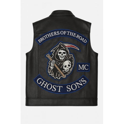 Matte Black Leather Biker Vest Cowhide Motorcycle Cut with Digital Printed Patches Matte Black Leather Biker Vest Cowhide Motorcycle Cut with Digital Printed Patches