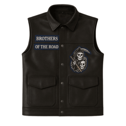 Matte Black Leather Biker Vest Cowhide Motorcycle Cut with Digital Printed Patches