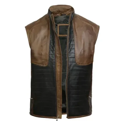 Men’s Two Tone Leather Vest Reversible Slim Fit Funnel Collar Zip Vest