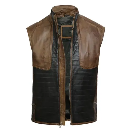 Men’s Two Tone Leather Vest Reversible Slim Fit Funnel Collar Zip Vest