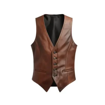 Men’s Brown Leather Vest Cowhide V Neck 5 Button Waistcoat