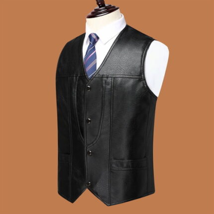 Men’s Black V Neck Leather Vest Cowhide 4 Button Casual Vest