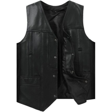 Men’s Black Leather Vest V Neck Cowhide Button Closure Vest