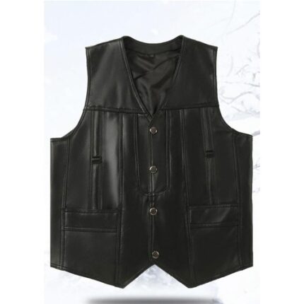 Men’s Black Leather Vest V Neck Cowhide Button Closure Vest