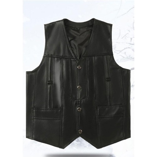 Men’s Black Leather Vest V Neck Cowhide Button Closure Vest