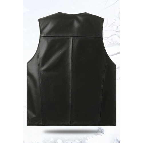 Men’s Black Leather Vest V Neck Cowhide Button Closure Vest