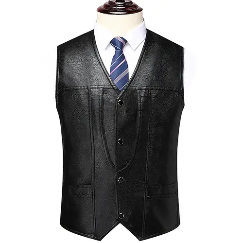 Men’s Black V Neck Leather Vest Cowhide 4 Button Casual Vest