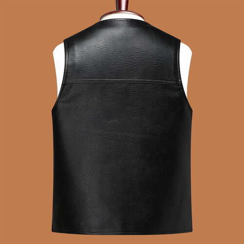 Men’s Black V Neck Leather Vest Cowhide 4 Button Casual Vest