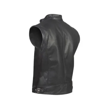 Black Leather Biker Vest Cowhide Zip Front Stand Collar Vest